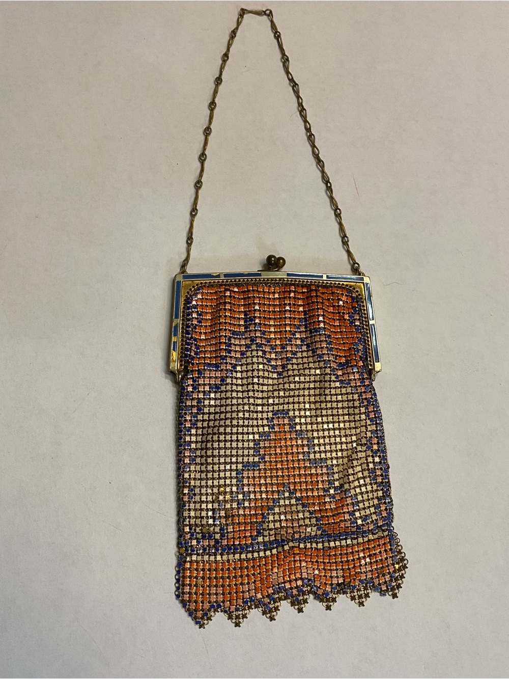 Antique Art Deco Enamel Mesh Purse – Scalloped Bottom Orange and Blue